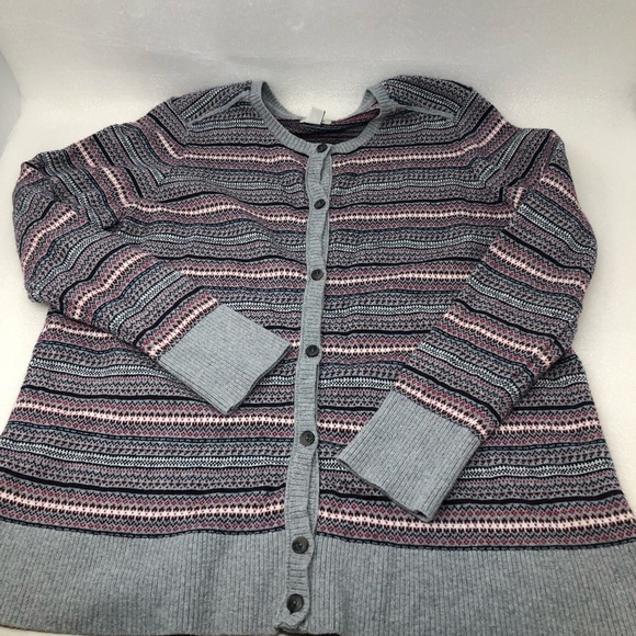 L.L. Bean Cardigan Fair Isle Cotton Cashmere Blend Sweater Gray Pink Size Large - Picture 12 of 14